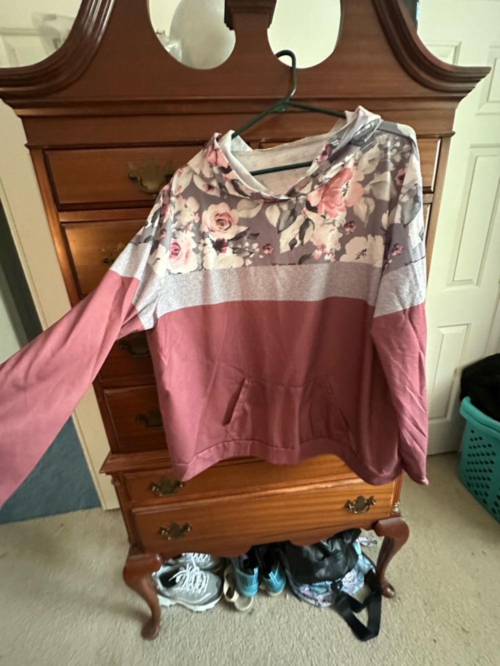 Floral Stripe Hooded Pullover Sweater - Rose